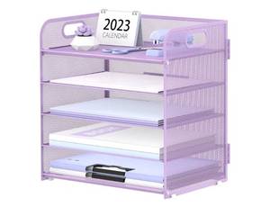 lot 16616 image: 5 Trays Paper Organizer Letter Tray with Handle-Mesh Desk File Holders, Paper Sorter Desk Organizer for Office, Home, Classroom or School, Purple - Retail $25