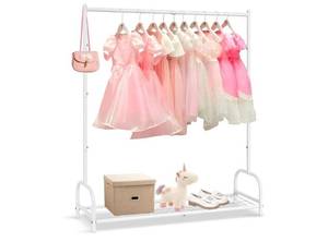 lot 16617 image: Kids Clothing Rack with Bottom Storage Shelf, Metal Toddler Dress Up Rack for Little Girls, Kids Dress Up Clothes Storage for Coats, Skirts, Dance Costume - Retail $30