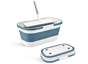 lot 16618 image: Collapsible Plastic Bucket with Wheels 12L (3.17 Gallon) for House Cleaning, Camping, and RV - Multi-Purpose Rectangular Handy Basket for Cleaning Mop - Lightweight and Portable (Blue) - Retail $19