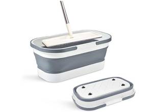 lot 16619 image: Collapsible Plastic Bucket with Wheels 12L (3.17 Gallon) for House Cleaning, Camping, and RV - Multi-Purpose Rectangular Handy Basket for Cleaning Mop - Lightweight and Portable - Retail $19