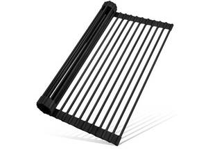 lot 16622 image: 20.5 x 13 Roll Up Dish Drying Rack Silicone Wrapped Over The Sink Dish Drying Rack Multipurpose Foldable Sink Drying Mat, Heat-Resistant & Anti-Rust Dish Rack for Kitchen Sink, Large, Black - Retail $30