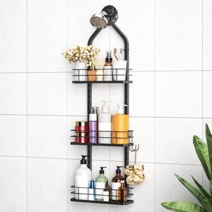 lot 16623 image: Shower Caddy Hanging, Adjustable Anti-Swing-Over The Shower Head Caddy, 3 Tier Height Bathroom Storage Organizer Bathroom Shelves Basket Rack Shower Caddies (3Tier) - Retail $30