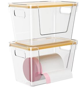 lot 16630 image: Acrylic Trash Bag Holder, 2 Pack Stackable Garbage Holder for Bags, Clear Organizer Bins for Under Sink Organization, Pantry Storage, Cabinet, Kitchen, Laundry, Bathroom - Retail $29