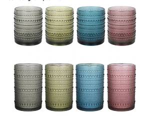 lot 16633 image: Vintage Hobnail Drinking Glasses Set of 8,Colored 12 oz & 15oz Highball Glass Cups, Kitchen Drinkware Glassware, Embossed Water Tumbler for Beer, Cocktail, Whiskey, Juice and Various Mixed Drinks - Retail $28