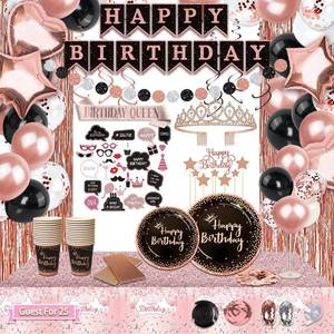 lot 16638 image: Birthday Decorations For Women, 229 Pcs Rose Gold and Black Happy Birthday Supplies - Disposable Dinnerware Set with 25 Guest, Balloons, Sash, Tiara, Banner, Fringe Curtain, Photo Booth Props - Retail $28