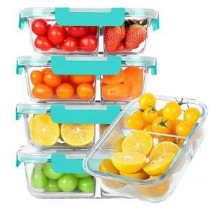 lot 16643 image: 30 oz 5 Pack Glass Meal Prep Containers 2 Compartments, Glass Food Storage Containers with Lids, Airtight Lunch Box, Microwave, Oven and Freezer Safe, Green - Retail $34