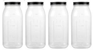 lot 16646 image: 64 Ounce Clear Plastic Mason Jars With Screw On Lid, Reusable Empty Jars for Food Storage, BPA Free Containers for Sealing, Dry Food, Snacks, Candies, Breakage-proof, (Black - 4 Pack) - Retail $20