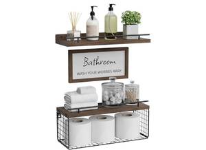 lot 16651 image: Floating Shelves for Wall Decor Sign, Bathroom Organizers and Storage, Bathroom Shelves Over Toilet with Metal Guardrail-Rustic Brown - Retail $37