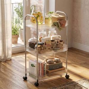 lot 16653 image: STARLATTA 3 Tier Rolling Cart with Lockable Wheels, Clear Acrylic Utility Trolley with Handle, Heavy-Duty Storage Organizer for Kitchen Bathroom Nursery Laundry - Snack Book Craft Organizer (Clear) - Retail $22