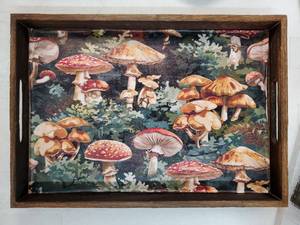 lot 16654 image: 16x12 Mushroom Forest Gothic Vintage Wood Serving Tray Decorative Tray Faux Leather Finish Marbling Tray Modern Vanity Tray Serving Tray for Coffee Table Kitchen and Bathroom. PICTURE IS PEELING OFF. - Retail $23