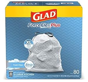GLAD ForceFlexPlus XL X-Large Kitchen Drawstring Trash Bags - 20 Gallon Grey Trash Bag, Fresh Clean with Febreze Freshness 80 Count - Retail: $55