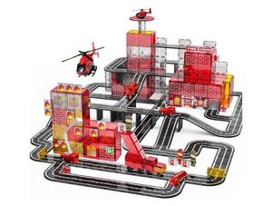 lot 16656 image: 141PCS Magnetic Tiles for kids, Fire Rescue Theme Magnet Tiles with Fire Station & Fire Rescue Vehicles, STEM Magnetic Tiles for Kids Ages 4-8, Preschool Educational Building Toys - Retail $30