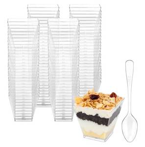 lot 16658 image: Mini Dessert Cups, 100 CT 2oz Clear Plastic Parfait Appetizer Cups with Spoons Mini Square Dessert Bowls for Serving, Tasting (100) - Retail $20