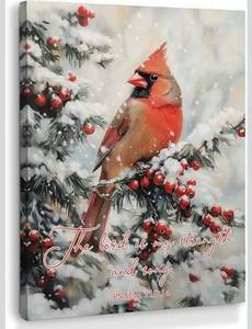 lot 3897 image: Winter Christmas Cardinal Wall Art Decor, Winter Canvas Art Prints Framed, Cottagecore Farmhouse Winter Xmas Cardinal Pictures Wall Decorations for Home Bedroom