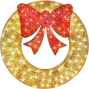 lot 3903 image: Best Choice Products 36in Pre-Lit Outdoor Christmas Wreath  LED Metal Holiday Decor w 120 Lights  Bow - GoldRed