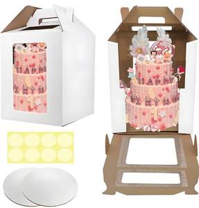 lot 3915 image: Cake Boxes - 2 Pack Tall Cake Box 12x12x14 Inch Disposable Layer Carrier with Window Large Tierd Cake Out Transport Containers with Handle for Wedding, Birthday, Party (White)