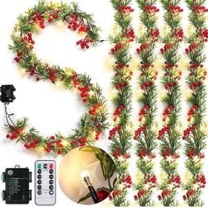 lot 3943 image: Duraaamo 5 Pcs Prelit Christmas Garland with Star Lights 6 ft 20 LED Lighted Holly Berry Garland Battery Operated with 8 Modes Timer Remote for Home Fireplace Holiday Decorations (Red Berry)