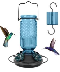 lot 3948 image: FEED GARDEN Glass Hummingbird Feeder for Outdoors, 16oz with Bee Guards & Ant Moat, Leak-Proof, Blue