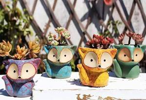 lot 3969 image: 4 Pack Succulent Pots, Ceramic Flower Planter Pot, Little Fox Succulent Planters, Cute Cactus Flower Pot Garden Planters, Spring Gift, Office Home Decoration