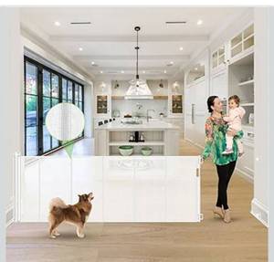 lot 7656 image: Reinforced 120 Inch Extra Long Retractable Baby & Dog Gate with Support Rods Prevents Crawling Under, 10 Ft Wide for Large Openings, IndoorOutdoor Gate, White