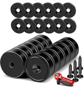 lot 7669 image: Magnets, 40lbs Strong Magnet with Holes, Black Industrial Rare Earth Neodymium Magnet Heavy Duty Round Cup with Countersunk Hole with Screws for Wall Mounting - 12 Pack