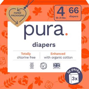 lot 7694 image: Pura Size 4 Eco-Friendly Diapers (18-31lbs) TCF Hypoallergenic, Soft Organic Cotton, Sustainable, up to 12 Hours Leak Protection, Allergy UK, Recyclable Packaging, 3 Packs of 22 (66 Diapers)