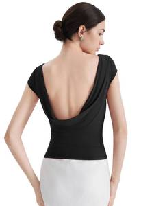 lot 7719 image: SUUKSESS Women Boat Neck Cowl Backless Top with Built in Bra Double Lined Cap Sleeve Tops Summer Going Out Shirts Padded Sexy Black S