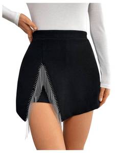 lot 7722 image: WDIRARA Womens Sparkly Rhinestone Fringe Trim Skorts High Waisted Split Side Skirt Shorts Black Small