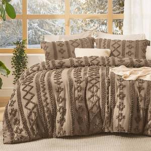 lot 7835 image: Bedsure Tufted Boho Comforter Set Queen Size - Light Brown Boho Bed Set, GentleSoft 3 Pieces Farmhouse-Style Embroidery Bedding, Gifts for Woman, Jacquard Queen Comforter for All Seasons
