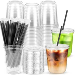 lot 7848 image: 50PCS 12 oz Round Bottom Plastic Cups with Lids and Black Straws, Clear To Go Iced Coffee Smoothie Juice Cups, Disposable Cold Drink Bubble Tea Party Cups for Catering, Christmas, Birthdays, Takeout