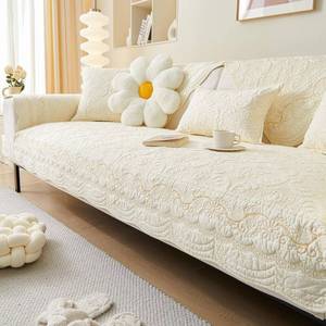 lot 7859 image: vctops Cotton Embroidery Couch Cover Neutral Quilted Sofa Cover Anti Slip Sectional Couch Covers Washable Sofa Slipcover for Dogs, Children, Pets Furniture Protector (Khaki,43x70)