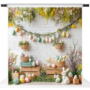 lot 7860 image: Kate Easter Photography Backdrops Spring Brick Wall Rabbit Eggs Children Holiday Party Banner Photo Studio Props, 10x10ft