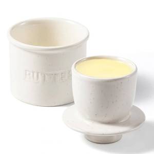 lot 7867 image: Butter Crock with Lid for Countertop - Ceramic French Butter Dish for Spreadable Soft Butter, Butter Container Holder with a Water Seal, Housewarming Gift, Kitchen and Home Decor, Speckled White