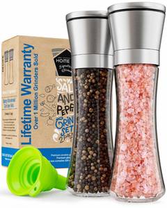 lot 7874 image: Home EC Premium Stainless Steel Sea Salt and Pepper Grinder Set of 2 - Adjustable Ceramic - Tall Glass Salt and Pepper Shakers - Kitchen Spice Mill WFunnel & EBook