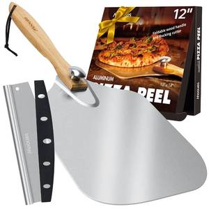 lot 7930 image: Pizza Peel Aluminum Pizza Spatula, Mooues 12 inch Metal Pizza Paddle(12x 14)with Rocker Cutter Foldable Wood Handle, Storage bag included, for Family Pizza Oven Baking Pizza, Dough, Bread & Pastry