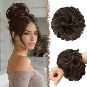 lot 7955 image: FESHFEN Large Messy Bun Hair Piece - Wavy Synthetic Chignon Scrunchies Elastic Ponytail Hair Extensions Thick Hairpieces for Women, Dark Brown & Light Auburn Mixed 1.94oz