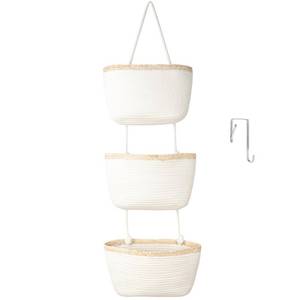 lot 7974 image: TeoKJ Over the Door Hanging Basket, 3-Tier Woven Cotton Wall-Mounted Storage Organizer Bag Decorative Hanging Nursery Baskets, White & Light Brown
