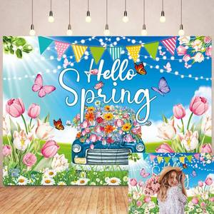 lot 7980 image: Spring Backdrop Colorful Flower Butterfly Tulip Party Decor for Easter Hello Spring Background Banner Easter Holiday Party Supplies Home Indoor Outdoor Photo Prop (7X5FT)