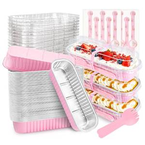 lot 8017 image: NPLUX 50 PACK Mini Cake Pans with Lids and Spoons,Rectangular Aluminum Foil Bread Pan,Mini Loaf Pans and Food Containers with Lids Mothers Day Gifts Party Favors(Pink,6.8oz)