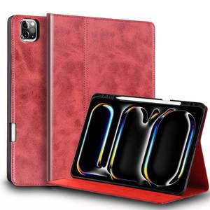 lot 8021 image: NANRUIL for Ipad Pro 13-inch Case M4M5 20242025(ModelA3360A3361A2925A2926) Genuine Leather Cover Protective Shell,Built-in Pencil Holder and Auto WakeSleep.Red