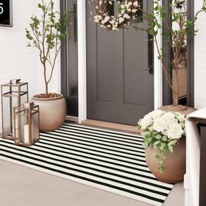 lot 8063 image: Sungea Striped Outdoor Front Door Mat 24x51, Washable Black and White Rug Runner Cotton Hand Woven Indoor Layered Doormat, Reversible Foldable Door Rugs for EntrywayFarmhouseHome Entrance