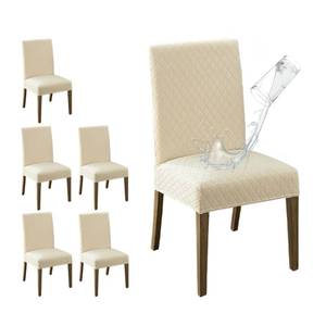 lot 8071 image: MOSAYT 100% Waterproof Dining Room Chair Covers Set of 6, Super Fit Stretch Jacquard Parson Chairs Slipcovers Removable Washable Chair Seat Protectors for Home, Kitchen, Banquet (Beige - XL)
