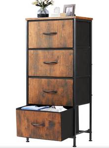 lot 4777 image: DUMOS Nightstand with 4 Drawers Bedside Table with Removable Fabric Bins Sturdy Steel Frame Wood Top Organizer Furniture for Bedroom Closet Living Room