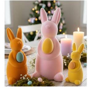 lot 4814 image: Lanpn 3PCS Flocked Bunny Easter Decorations with Eggs, Rabbit Figurines for Easter Centerpieces, Spring Tabletop & Shelf Decor, Seasonal Gift(Pink, Orange, Yellow)