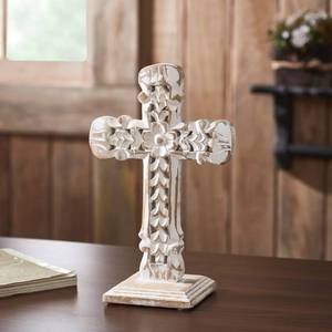 lot 4837 image: VHC Brands Natural & Distressed White Wooden Cross wRosette Center & Base 8x13, Home Decor for Any Room, Made of Wood, Decorative Religious Art