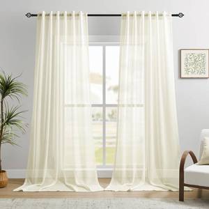 lot 4849 image: Dreaming Casa Ivory Sheer Curtains 96 Inches Long, Rod Pocket & Back Tab Light Filtering Textured Sheers for Living Room Bedroom, 2 Panels, Each 52 W x 96 L
