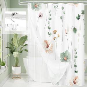 lot 4856 image: Gibelle 3 in 1 Shower Curtain Set, Sage Green Watercolor Floral Bath Curtain and PEVA Liner Set with 12 Double Sided Steel Hooks, Waterproof Fabric Bathroom Curtain 72x72