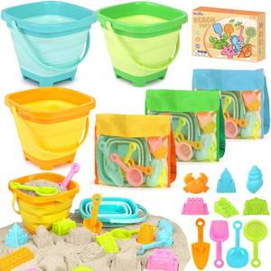lot 4878 image: Dreamon Beach Toys for Kids 3-10, Collapsible Sand Toys Include 3 Pack Foldable Buckets with Mesh Bag, 24 PCS Beach Mold and Shovels Molds, Travel Sandbox Beach Toys for Toddler
