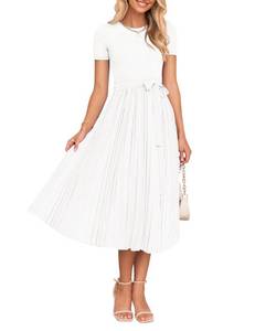lot 4883 image: ZESICA Womens 2026 Summer Short Sleeve Midi Dresses Crewneck Knit Belted Pleated A Line Flowy Wedding Guest Long Dress White Medium