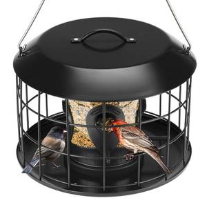 lot 4900 image: Kingsyard Mesh Caged Bird Feeders for Outdoor Hanging, Tube Squirrel Proof Bird Feeders with Tray for Small Birds Finches Bluebird, Rain Proof Covered, 4 Feeding Ports, Black